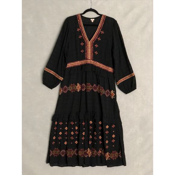 Reba Women's 16 Embroidered Ruffle Tiered V-Neck Midi Dress Black NEW - Picture 1 of 8